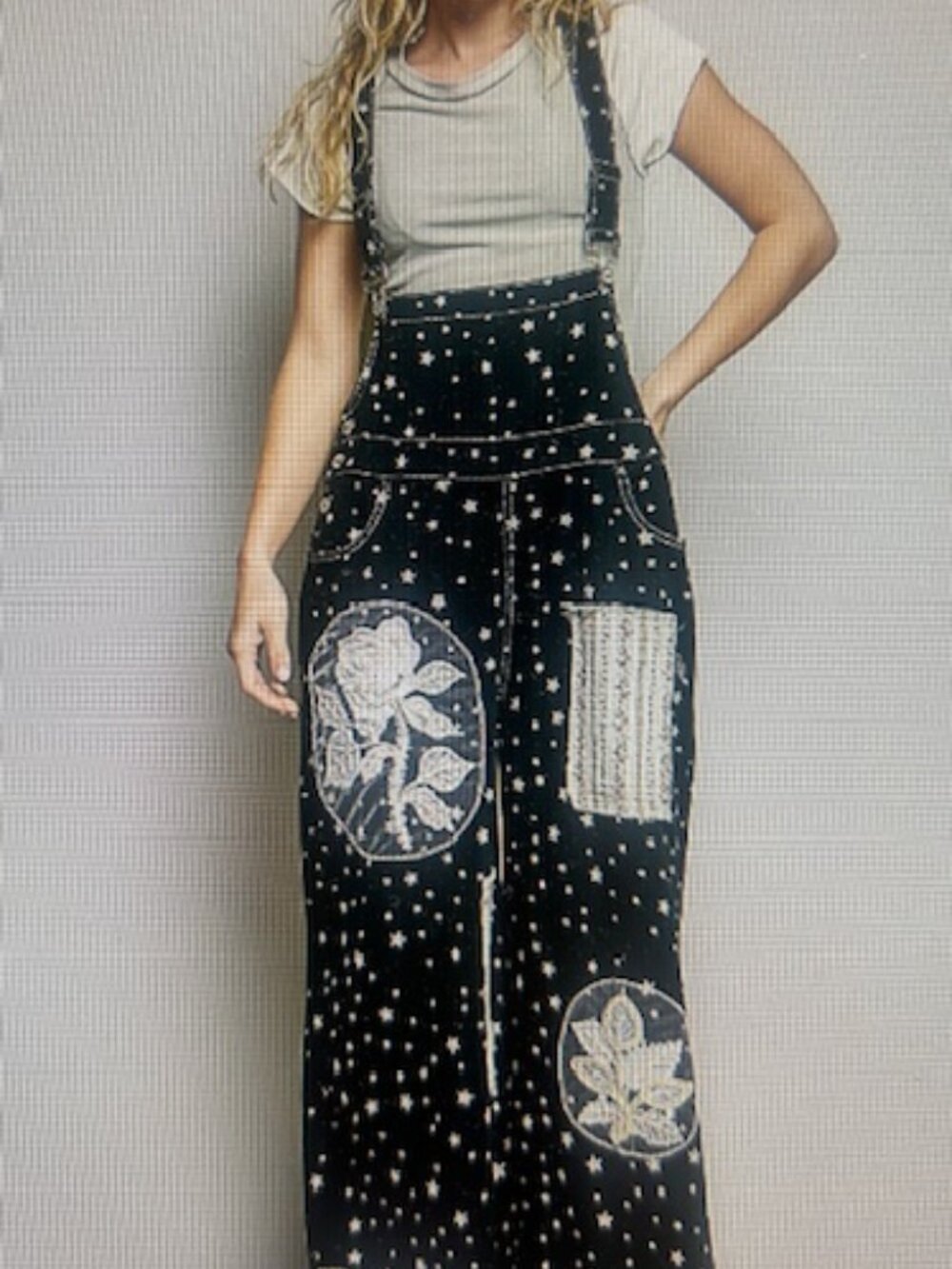 POL Black Star Embroidered Patchwork Adjustable Strap Relaxed Fit Overalls NEW